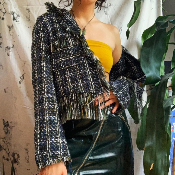 Bershka Tweed Jacket With Frayed Hem. Pre-Owned. - Picture 4 of 7